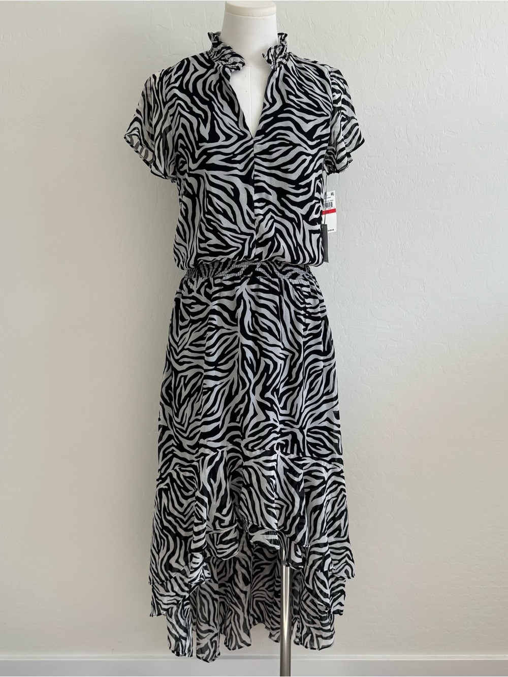 1. State Women Zebra Print Black & White Ruffle Midi Dress
